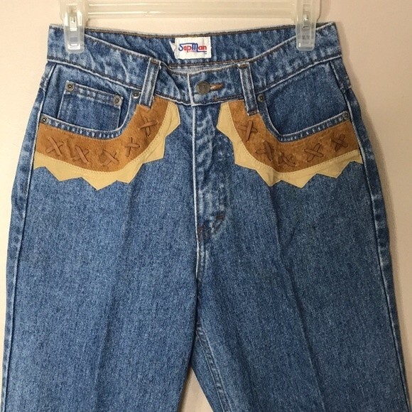 Vintage Sap Man denim jeans with leather details around pockets area size 10 - Picture 2 of 15